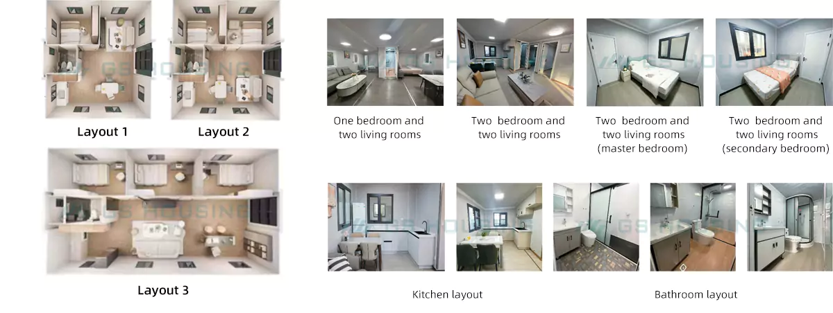 interior applications of 700 mini expandable container house including living room bedroom and workspace