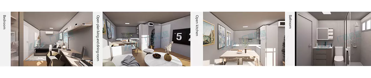 Side view of modular foldable container house, durable steel structure, suitable for quick deployment